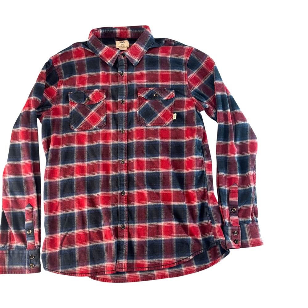 Vans Mens Large Red Navy Blue Plaid Flannel Shirt Tailored Fit Long Sleeve‎